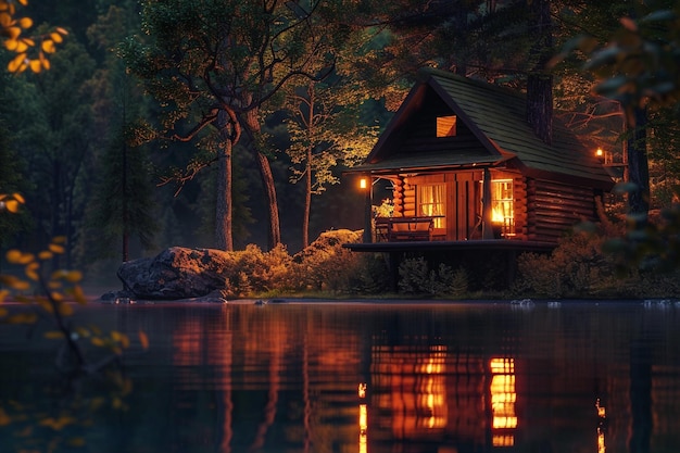 A cozy lakeside cabin aglow with warm lamplight oc