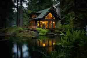 Photo cozy lakeside cabin surrounded by lush forest generative ai