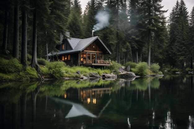 Photo cozy lakeside cabin surrounded by lush forest generative ai