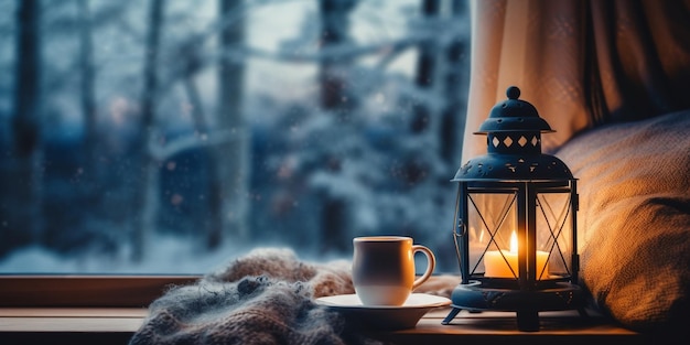 Cozy lanterns on a windowsill with winter landscape seen through the window Generative AI