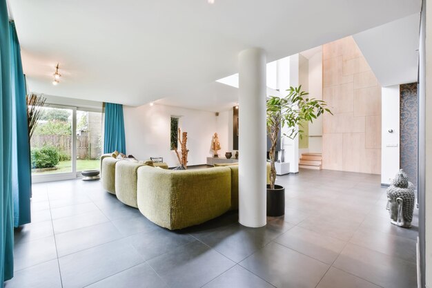 Cozy large living room with a yellow sofa