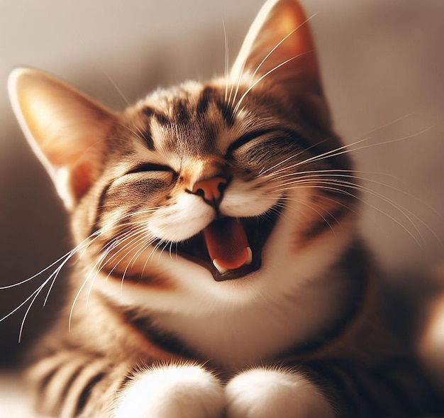 cozy laughing smiley smiling Lying purring cat wallpaper poster background picture image