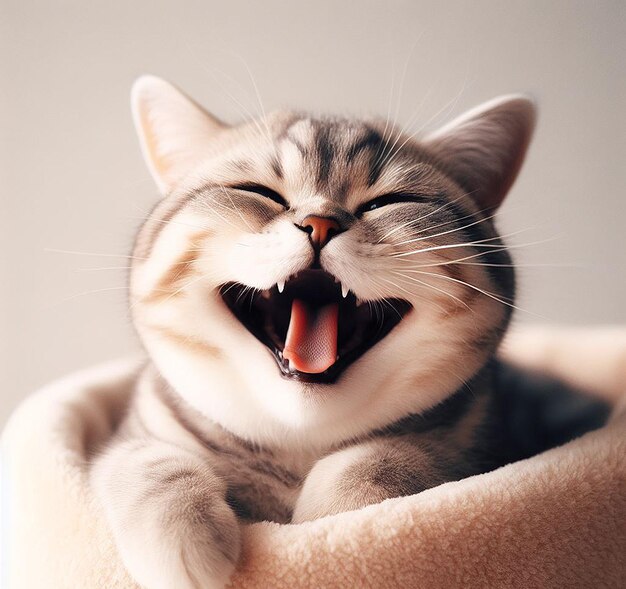 cozy laughing smiley smiling Lying purring cat wallpaper poster background picture image