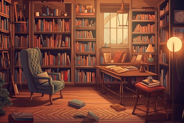 Cozy library room with shelves filled with books and comfortable furniture Generative AI