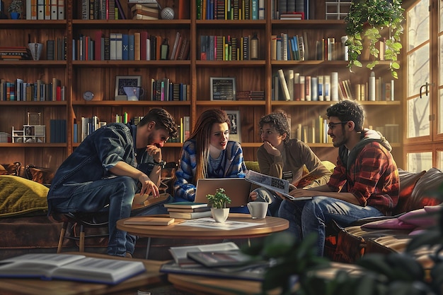 cozy library study session with friends