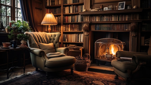 A cozy library with a fireplace and shelves of old books A sense of nostalgia and intellectual calm