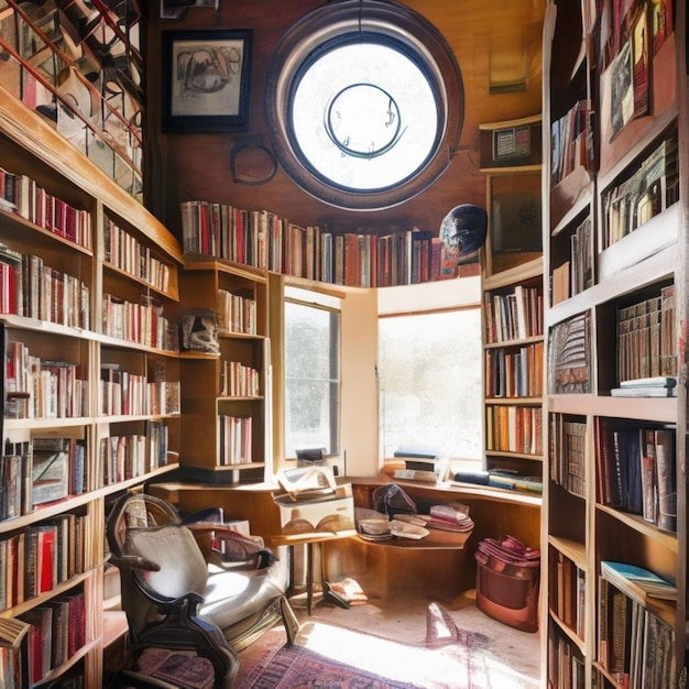 A cozy library with a round window that lets in the warm afternoon light and a bookcase on the left