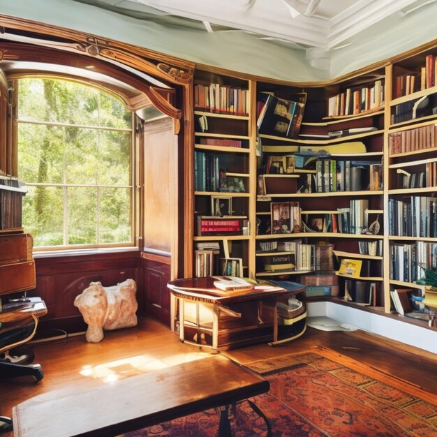 A cozy library with a round window that lets in the warm afternoon light and a bookcase on the left