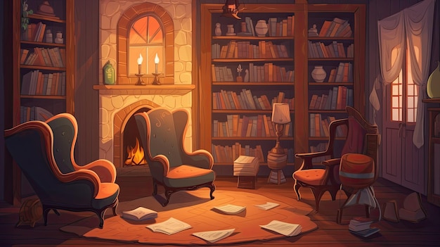 cozy library with warm fireplace cartoon illustration generative ai