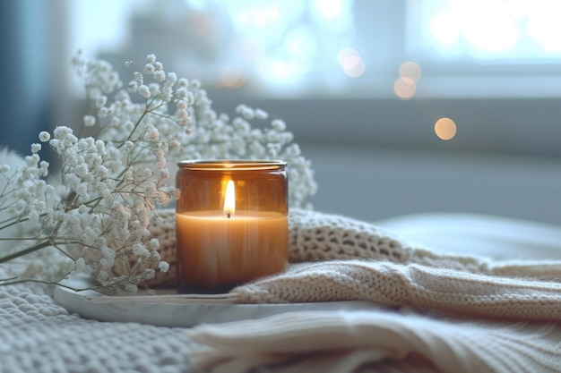 Cozy lifestyle with candles flowers and sweaters