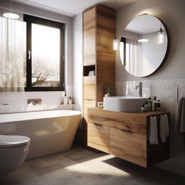 Cozy light bathroom with eco style design Big round mirror on the wall and white bathtub near the window Generative AI