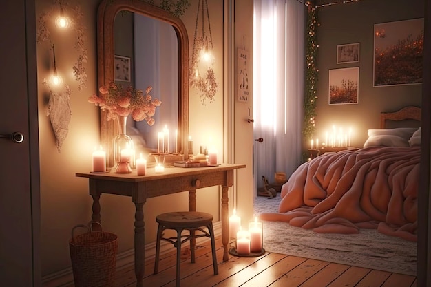 Cozy light in bedroom with bathroom with candles and makeup created with generative ai