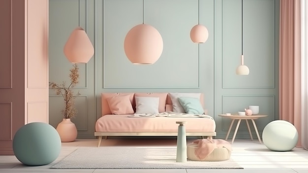 Cozy light home interior mockup in pastel colors 3d render Bright color Generative Ai