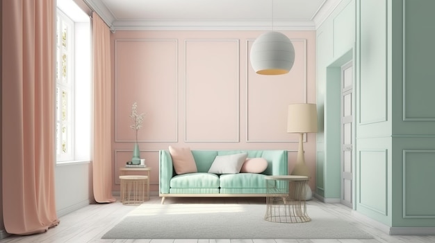 Cozy light home interior mockup in pastel colors 3d render Generative Ai