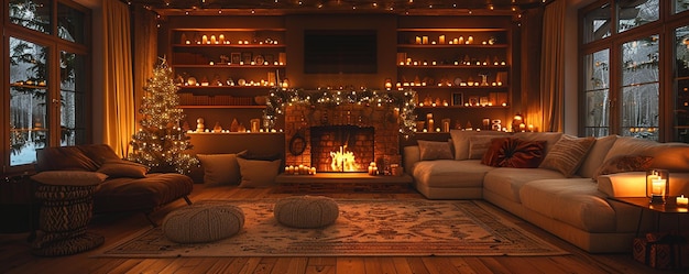 Photo a cozy living room adorned twinkling wallpaper