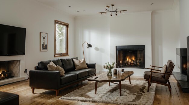 A cozy living room adorned with a crackling fireplace inviting couch and elegant wood flooring exuding warmth and comfort in a charming indoor setting