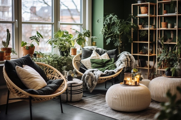 Foto accogliente soggiorno in un appartamento boemo con sedia di rattan bianco a quadri verde piante da casa in vaso e ne