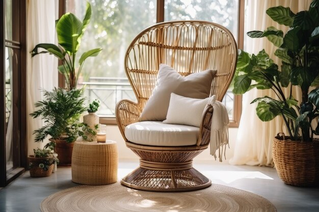 Cozy living room in bohemian apartment with rattan chair white plaid green potted houseplants and ne