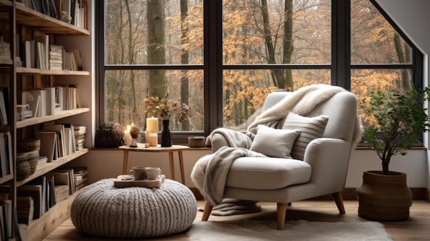 大きな窓から自然の光に浴びている家具で満ちた快適なリビングルーム