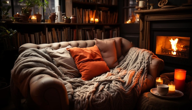Photo cozy living room comfortable sofa bookshelf illuminated by electric lamp generated by artificial intelligence