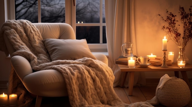 Cozy living room corner illuminated by soft candlelight with a plush armchair knit blanket and a stack of books