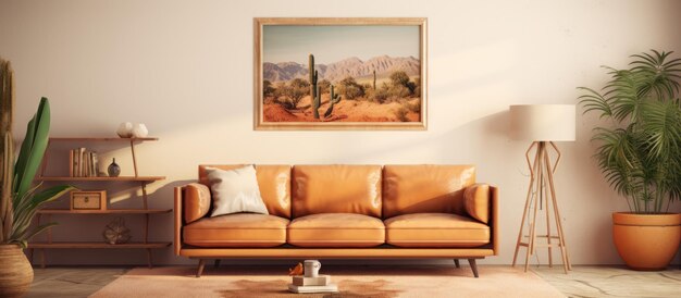 Photo cozy living room decor with a comfortable couch plant and chair artwork in the background