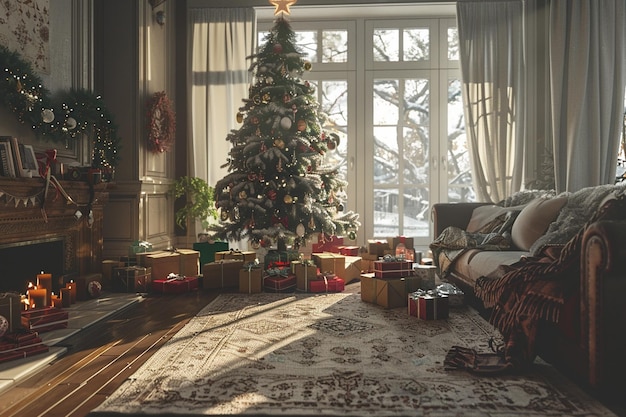 Cozy living room decorated for the holidays with a