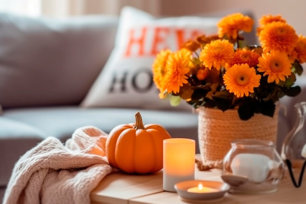 Cozy living room decorated for Thanksgiving Day celebration Pumpkins and candles with autumn flowers in warm fall palette home interior generated AI