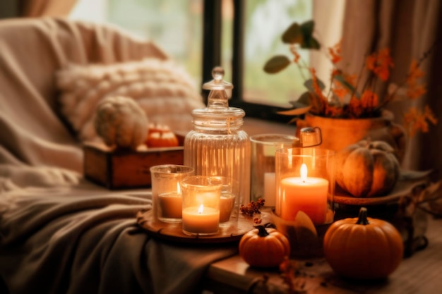 Cozy living room decorated for thanksgiving day celebration pumpkins and candles with autumn flowers in warm fall palette home interior generated ai