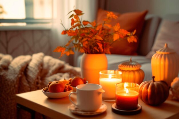 Photo cozy living room decorated for thanksgiving day celebration pumpkins and candles with autumn flowers in warm fall palette home interior generated ai