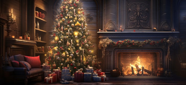 Уютная гостиная украшена рождественской елкой и подарками с генеративным ИИ
