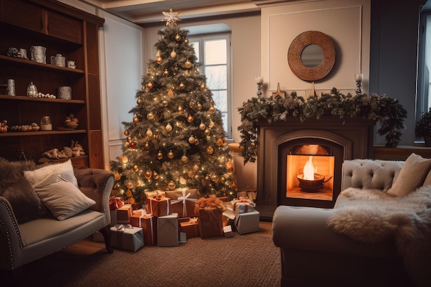 A cozy living room decorated with a festive tree and surrounded by presents