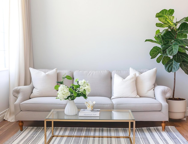 Photo cozy living room design with light gray sofa and plant interior mockup template for wallart