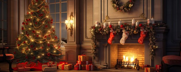 A cozy living room in a family house with Christmas decorations and a Christmas tree Generative AI