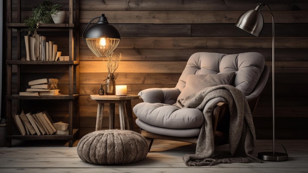 A cozy living room featuring a stylish chair and a glowing lamp