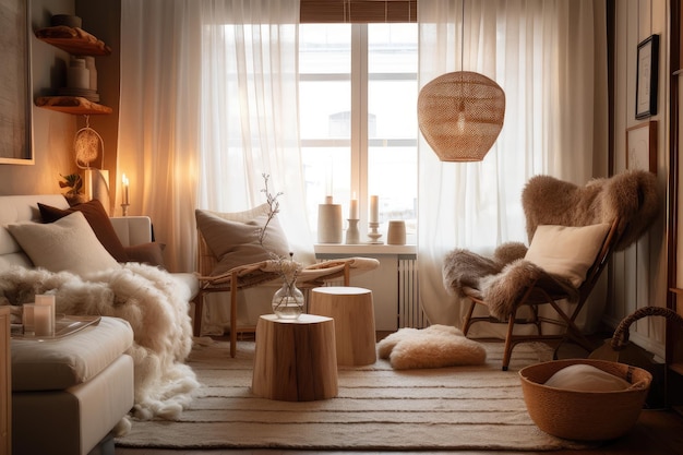 Cozy living room filled with soft textures warm lighting and natural materials