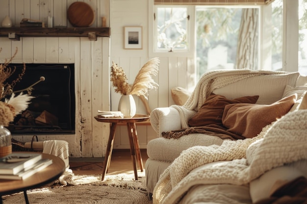 A cozy living room filled with a variety of furniture pieces such as sofas armchairs coffee tables and a fireplace The room exudes warmth and comfort inviting relaxation and gatherings