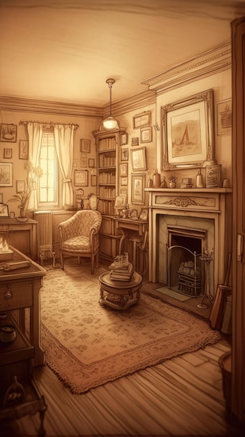 Cozy Living Room Illustration with Intricate Details