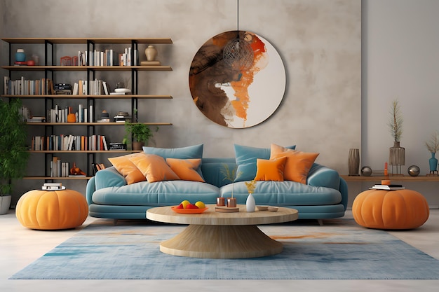 Foto rendering 3d di interior design accogliente soggiorno