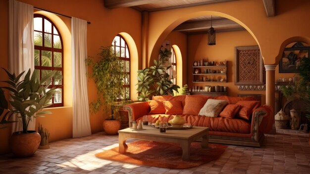 Уютный дизайн интерьера гостиной в средиземноморском стиле в желтых тонах с комнатными растениями