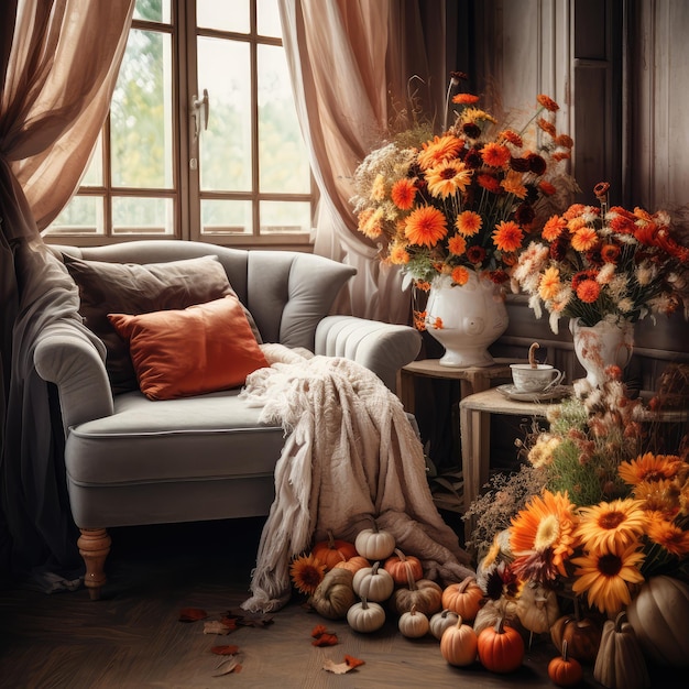 Cozy living room interior in fall palette with autumn flowers and pumpkins