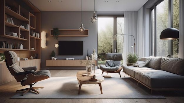 Cozy living room interior in modern house in Scandi style