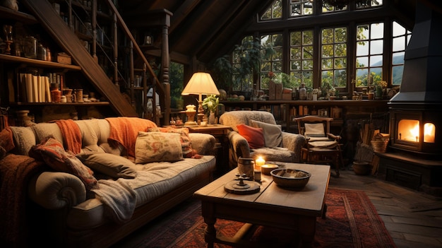 Cozy living room interior in an old farmhouse