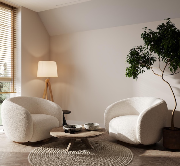 베이지색 배경 3d 렌더에 있는 아늑한 거실 인테리어 흰색 현대적인 안락의자