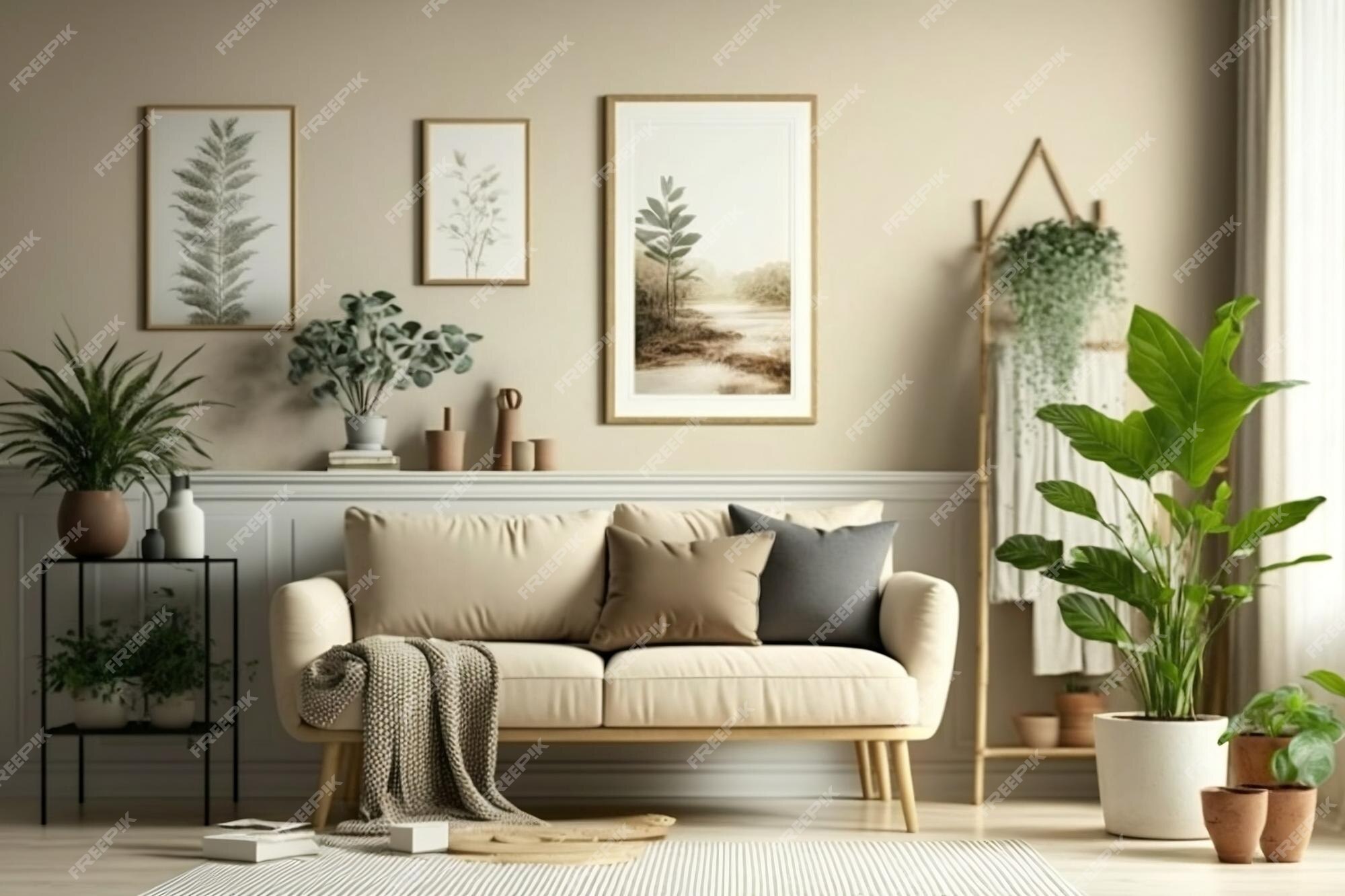 Cozy living room interior with beige sofa plants and elegant decor ...