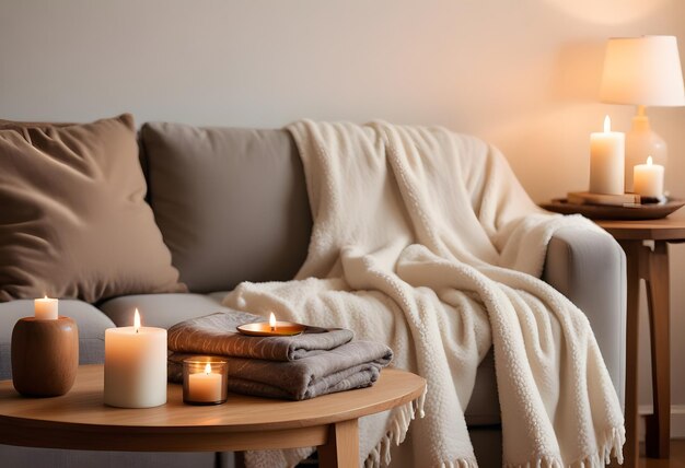 Photo cozy living room interior with burning candles plaid and sofa