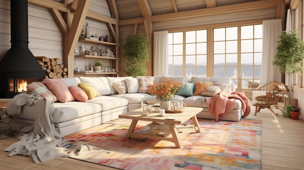 Cozy living room interior with fireplace large windows and comfortable sofa