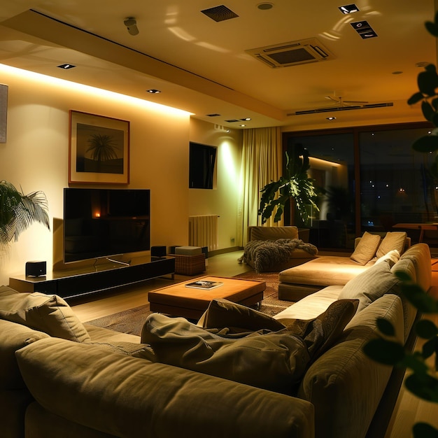 Cozy living room at night with tv screen and glowing light