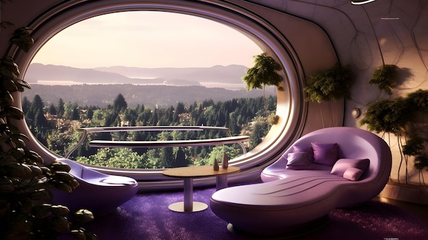 Photo cozy living room on a space ship oval shaped window wth a stunning view of the earth purple shiny