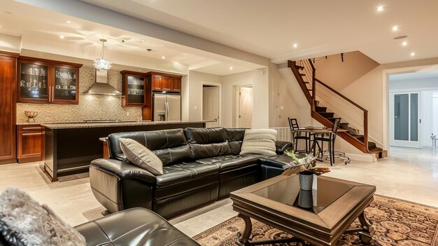 Photo cozy living room space with wet bar nook furnished with black leather sofa generative ai